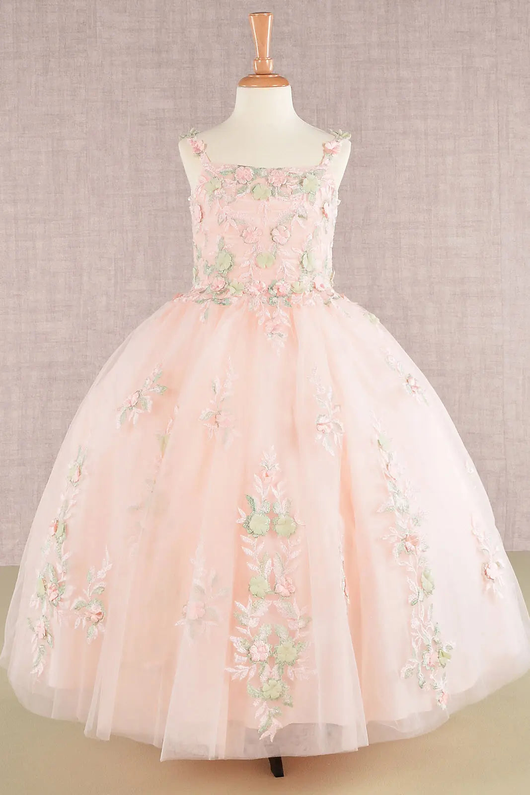 Flower embroidery ruched bodice mesh kids dress GLGK109