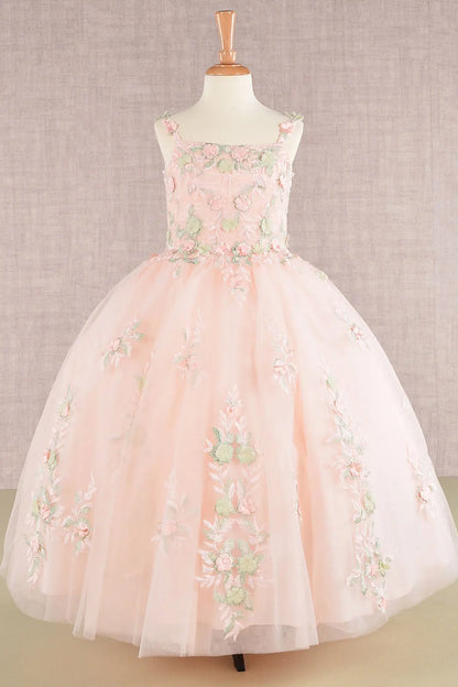Flower embroidery ruched bodice mesh kids dress GLGK109