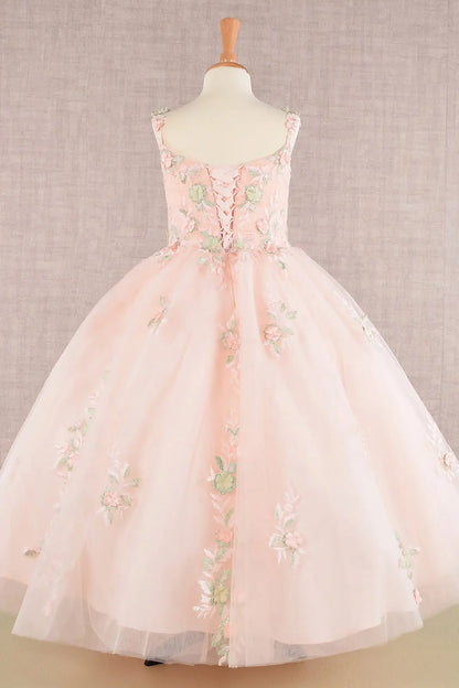 Flower embroidery ruched bodice mesh kids dress GLGK109