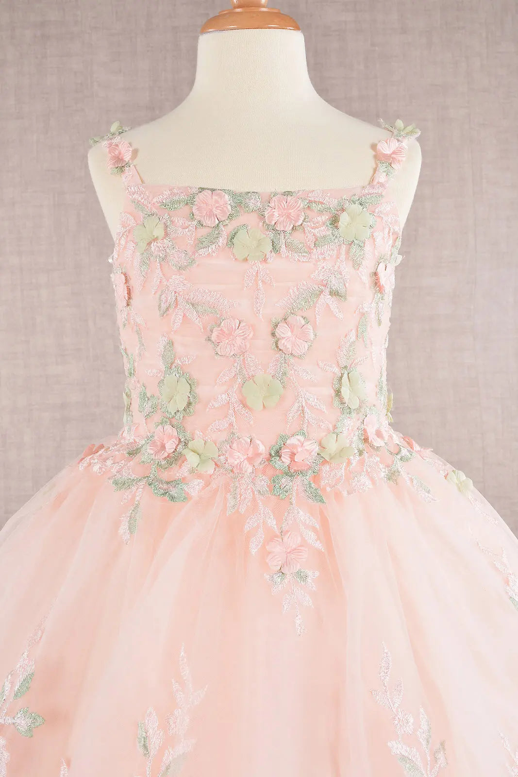 Flower embroidery ruched bodice mesh kids dress GLGK109