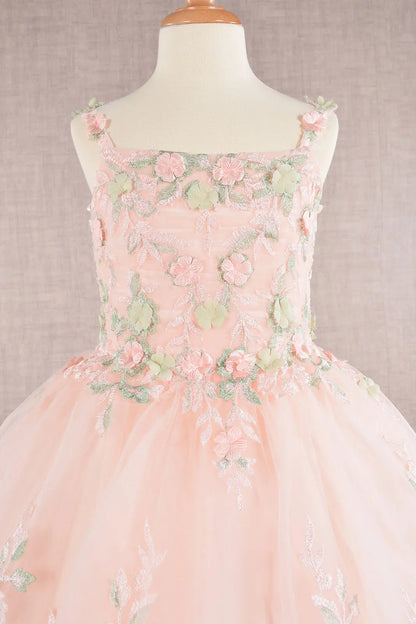 Flower embroidery ruched bodice mesh kids dress GLGK109