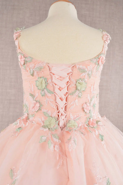 Flower embroidery ruched bodice mesh kids dress GLGK109
