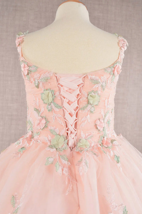 Flower embroidery ruched bodice mesh kids dress GLGK109