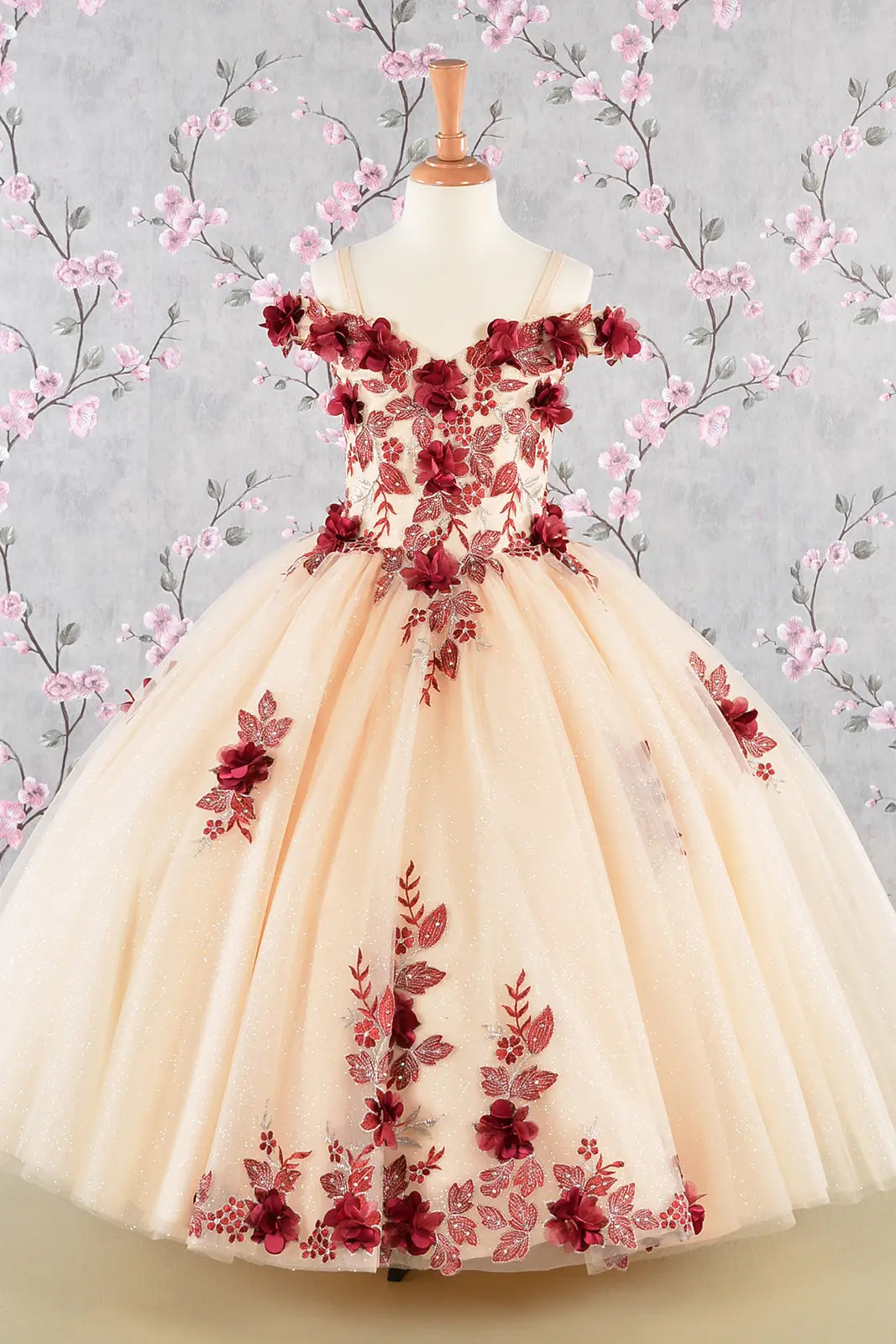 3 d flower embroidery bead mesh kids dress GLGK115