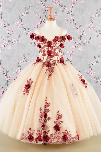 3 d flower embroidery bead mesh kids dress GLGK115