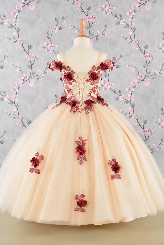 3 d flower embroidery bead mesh kids dress GLGK115