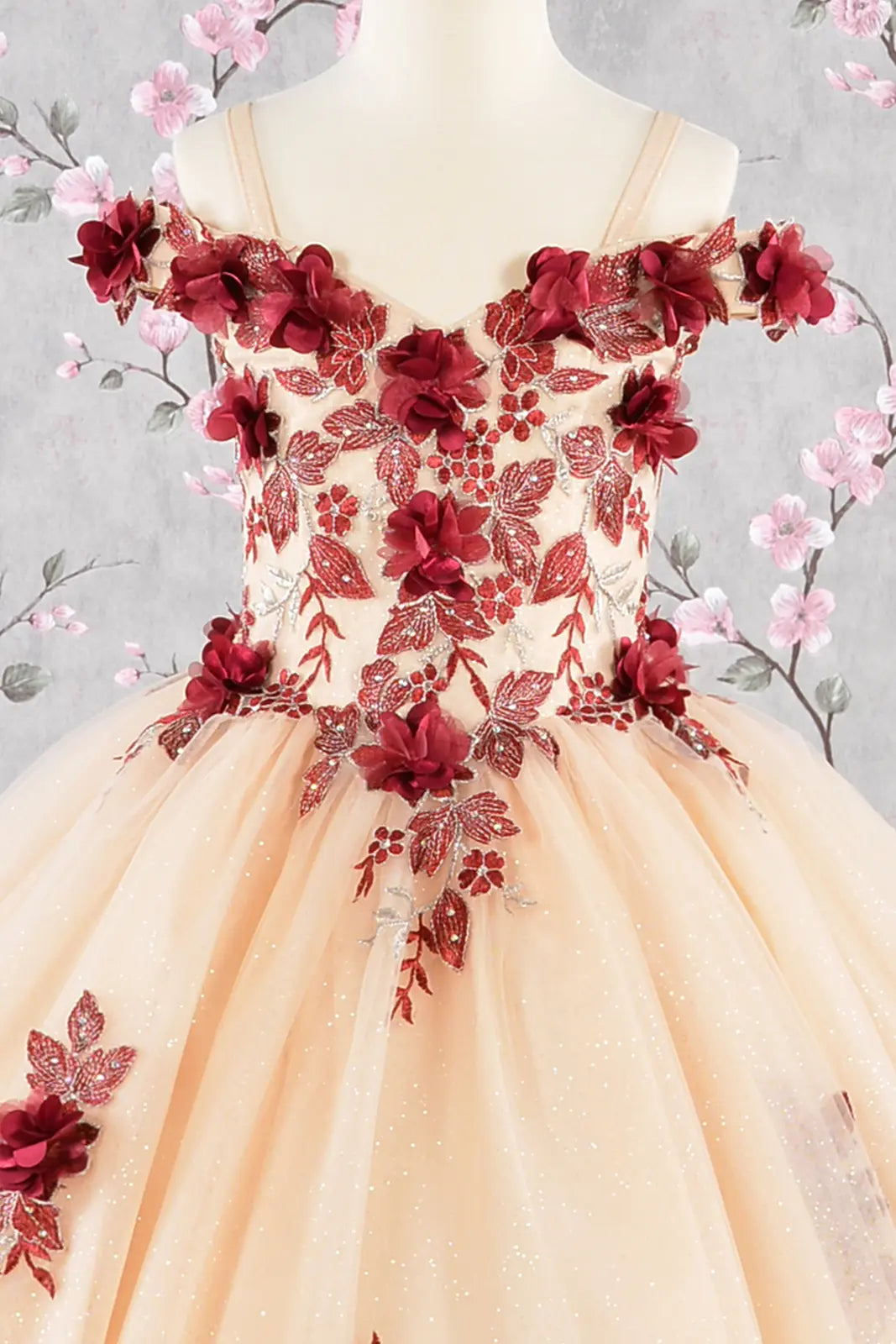 3 d flower embroidery bead mesh kids dress GLGK115