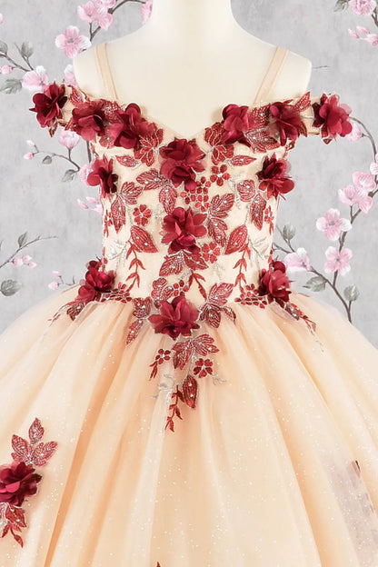 3 d flower embroidery bead mesh kids dress GLGK115